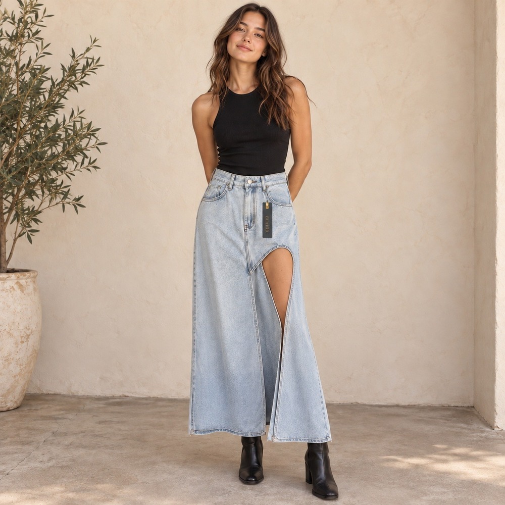 Gilipur Cutout Denim Maxi Skirt Light Wash Blue Medium NWT T53